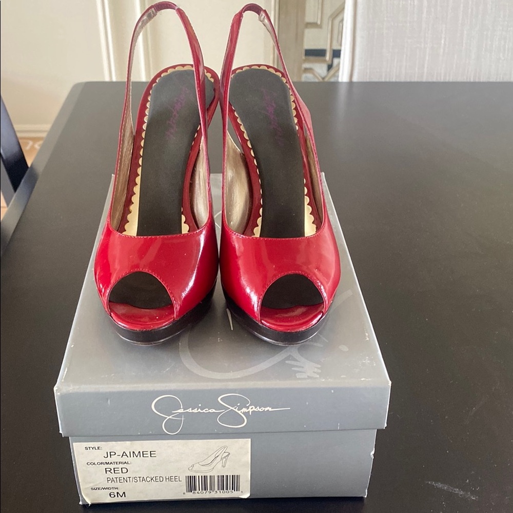 Jessica Simpson Red Patent Stacked Heel Slingback Shoes